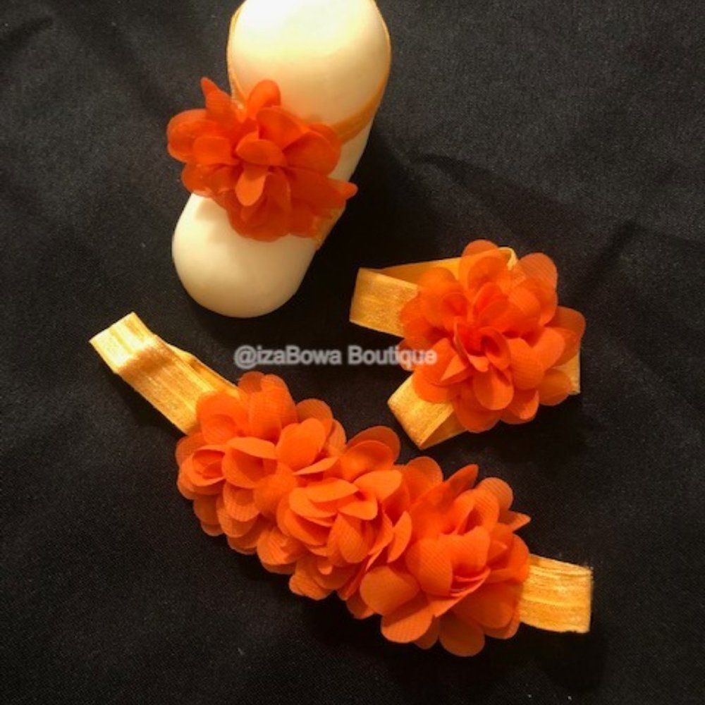 Orange Mum Trio Flower Barefoot Sandal & Headband Set 3SETORG  HAND CRAFTED
